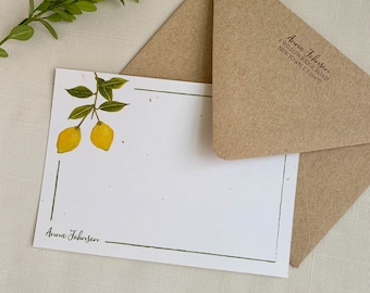 Personalized Lemon Branch Fruit Notecards. Eco Friendly Watercolor Stationery Set of 10 Flat Notecards In Larger A6 Card Size.