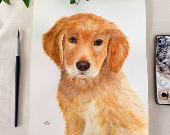 Aquarelle originale de chiot Golden Retriever. 9 x 12. Sans cadre.