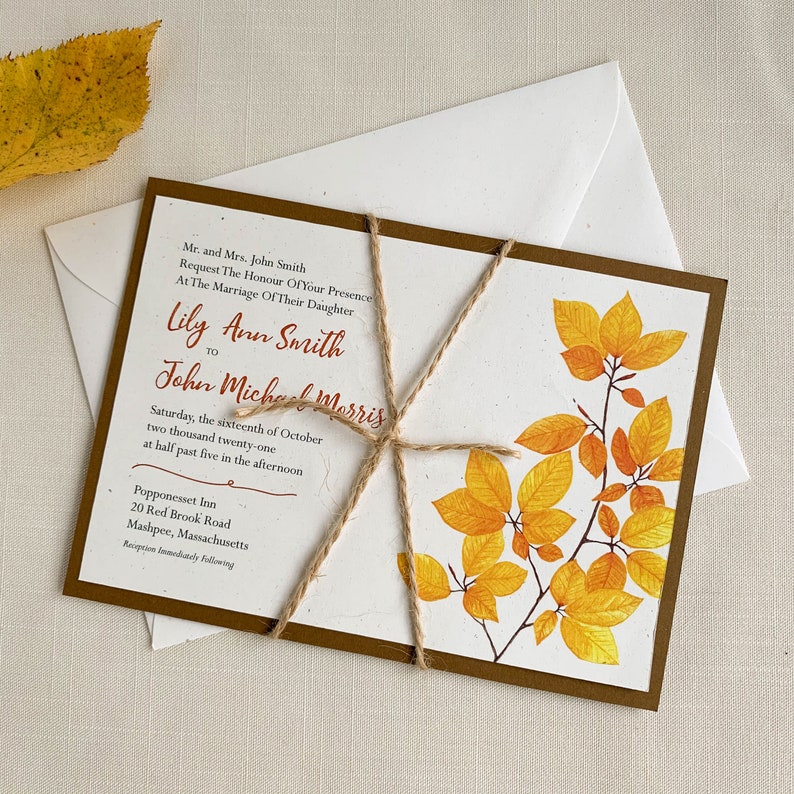 Autumn Hazel Branch Leaves Watercolor Eco Friendly Wedding Invitation. DEPOSIT ONLY. zdjęcie 2