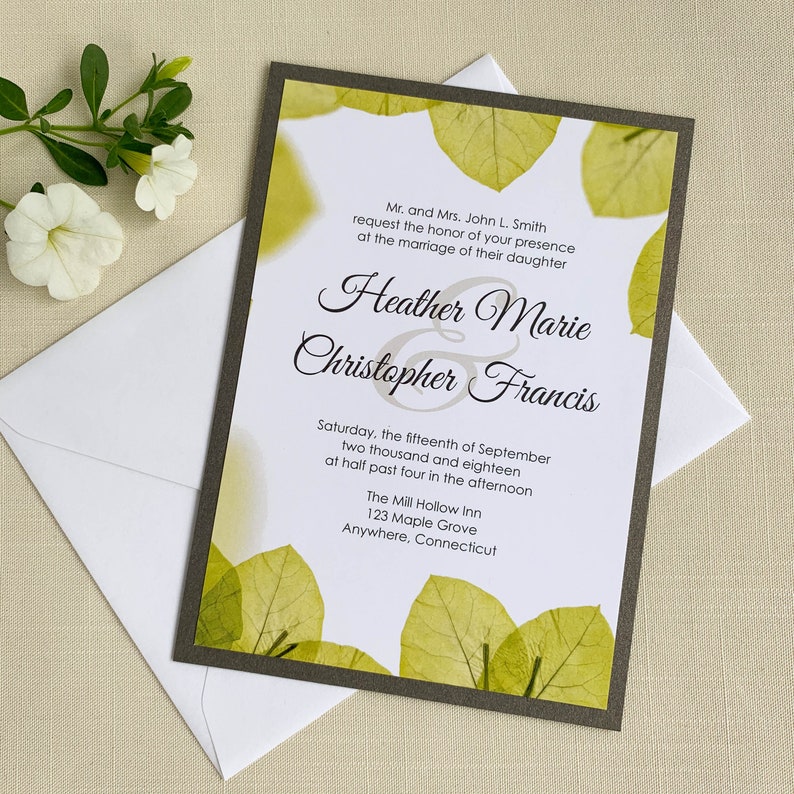 Autumn Green Key Leaf Wedding Invitation Mounted On Wood Grain Paper. DEPOSIT ONLY. image 1