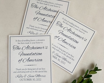 Charity Donation Card. Eco Friendly Personalized Wedding Favor Card. DEPOSIT