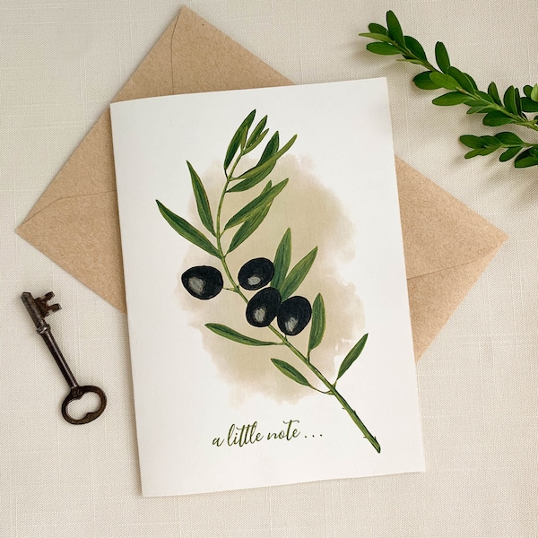 Olive Branch "A Little Note Card" Watercolor Eco Friendly 5x7 Greeting Card With Kraft Envelope.