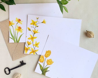 Spring Yellow Flowers Notecards. Eco Friendly Watercolor Stationery Set of 10 Flat Notecards In Larger A6 Card Size.