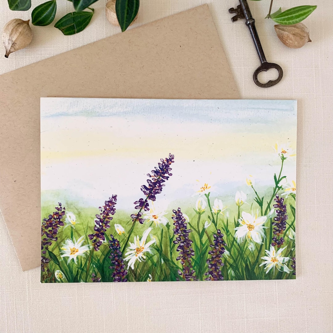 Lavender and White Wild Flowers Watercolor Greeting Card. 5x7 Frameable ...