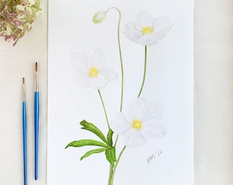 White Anemones Original Watercolor Painting. 9 x 12. Unframed.