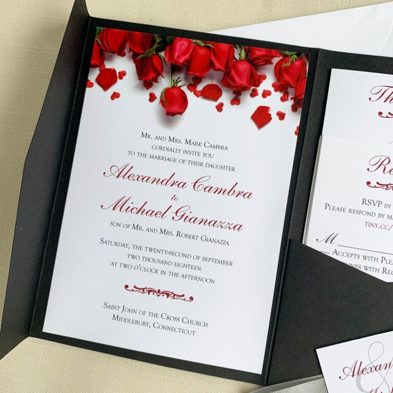 Red Roses Wedding Invitation Pocket Fold Black Tie Wedding Etsy