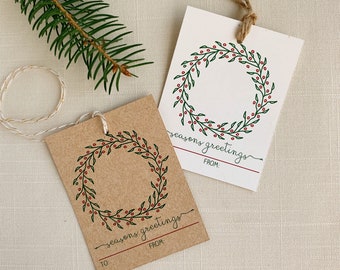 Christmas "Seasons Greetings" Wreath Gift Tags. Set of 9 Holiday Tags.