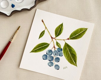 Blueberries Watercolor Fine Art Print. Botanical Unframed 5x5 Artwork For Your Kitchen Or A Great Gift.