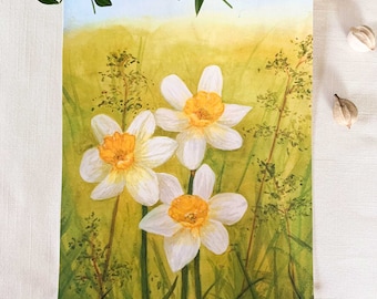 Daffodils In The Garden Watercolor Fine Art Print. Botanical Unframed 8x10 Artwork For Your Home Or A Great Gift.