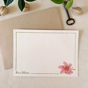 Personalized Pink Lily Notecards. Eco Friendly Watercolor Stationery Set of 10 Flat Notecards In Larger A6 Card Size.