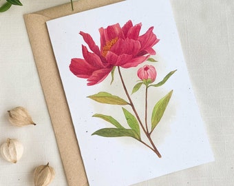 Pink Peony Flower Frameable Watercolor Eco Friendly 5x7 Greeting Card With Kraft Envelope.