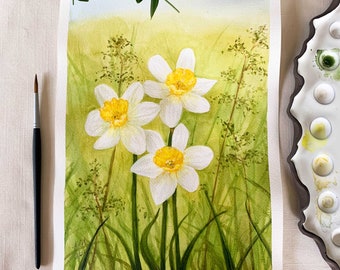 Daffodils In The Garden Original Watercolor Painting. 9 x 12. Unframed.