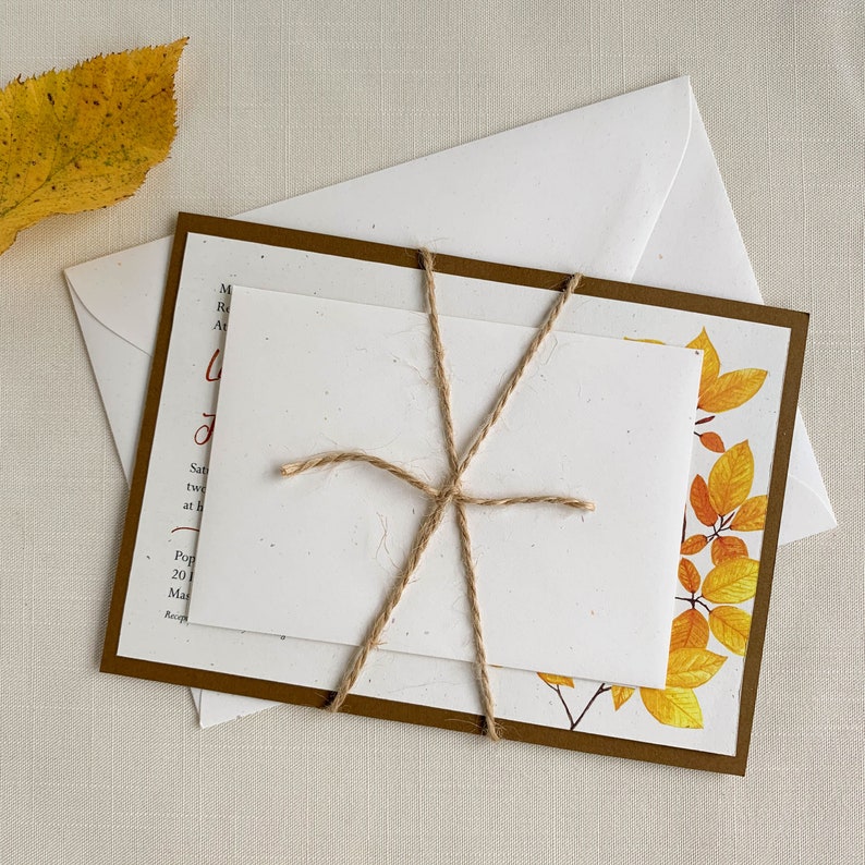 Autumn Hazel Branch Leaves Watercolor Eco Friendly Wedding Invitation. DEPOSIT ONLY. zdjęcie 6