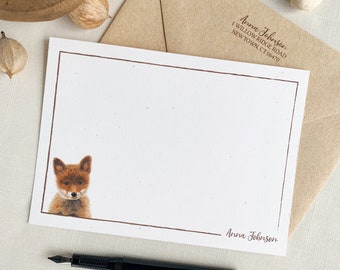 Personalized Baby Red Fox Notecards. Eco Friendly Watercolor Stationery Set of 10 Flat Notecards In Larger A6 Card Size.