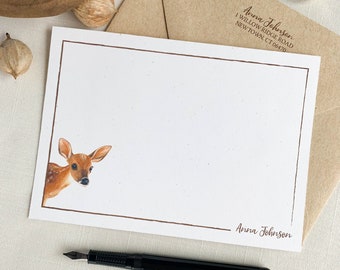 Personalized Baby Deer/Fawn Notecards. Eco Friendly Watercolor Stationery Set of 10 Flat Notecards In Larger A6 Card Size.