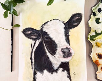 Baby Black & White Cow Original Watercolor Painting. 8 x 10. Unframed.