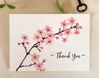 Pink Cherry Blossoms Thank You Cards. Floral Eco Friendly Watercolor Stationery Set. A2 Sized Folded Cards.