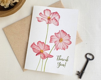 Pink Cosmos Flowers Thank You Card. Botanical Eco Friendly Watercolor Stationery Set of 10 A2 Sized Folded Cards.