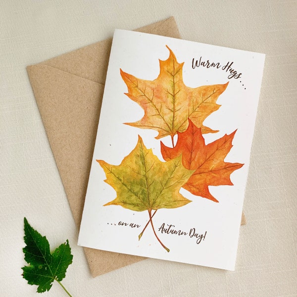 Autumn Maple Leaves "Warm Hugs" Watercolor Eco Friendly 5x7 Greeting Card With Kraft Envelope.