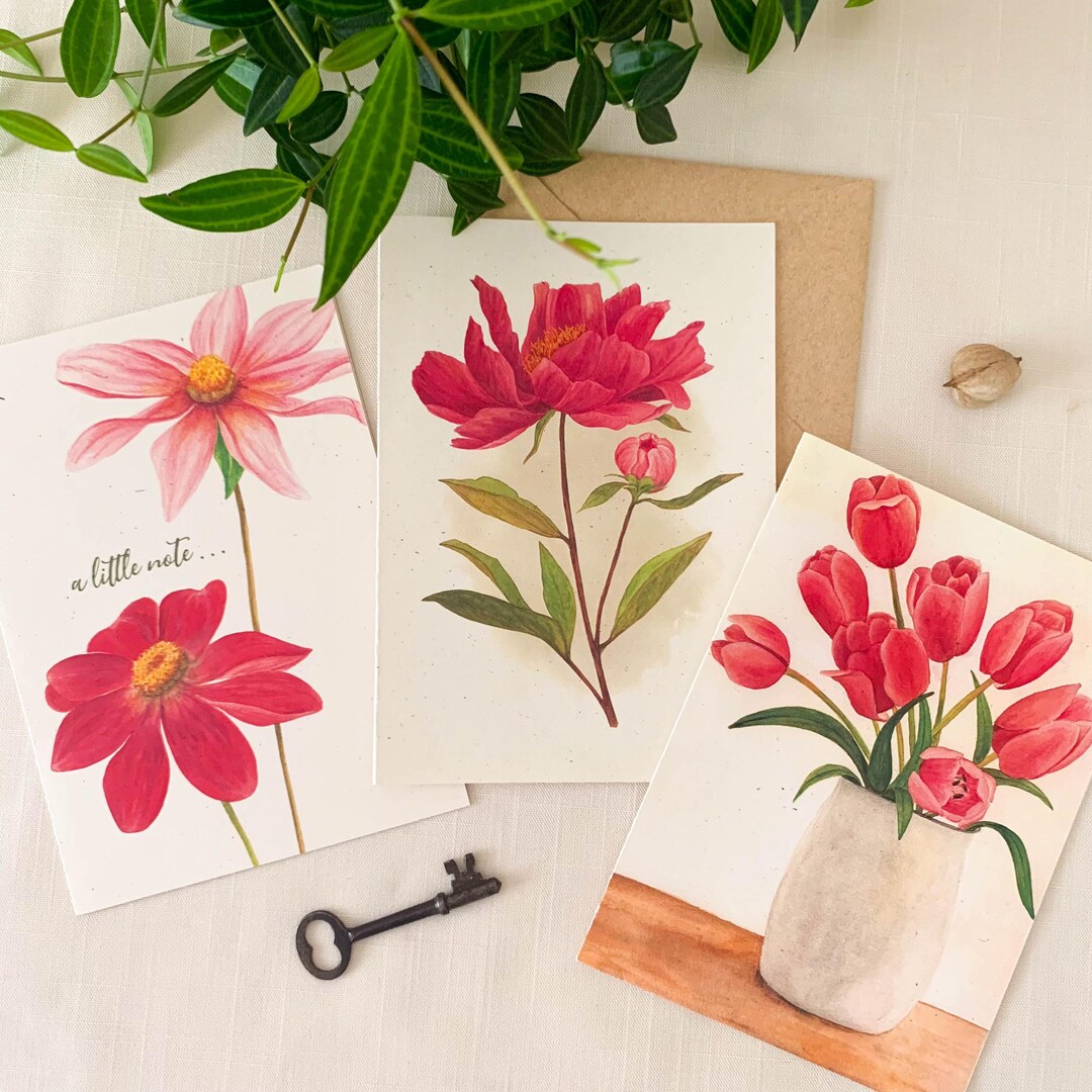 Pink Flower Collection Watercolor Greeting Card. 5x7 Frameable Card ...