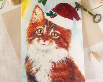 Tabby Cat With Santa Hat Watercolor Greeting Card. 5x7 Frameable Card With Kraft Envelope. Holiday Eco Friendly Card.