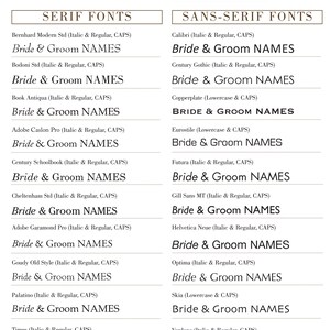 May include: A chart with a list of serif and sans-serif fonts, each with the text "Bride & Groom Names" underneath. The chart is titled "Willow Glen Font Choices".