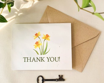 Spring Yellow Daffodils Thank You Cards. Botanical Eco Friendly Watercolor Stationery Set of 10 A2 Sized Folded Cards.