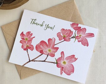 Pink Dogwood Flowers Thank You Cards. Botanical Eco Friendly Watercolor Stationery Set of 10 A2 Sized Folded Cards.