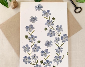 Flax Seed Blue Floral Watercolor Greeting Card. 5x7 Frameable Card With Kraft Envelope. Eco Friendly Cards