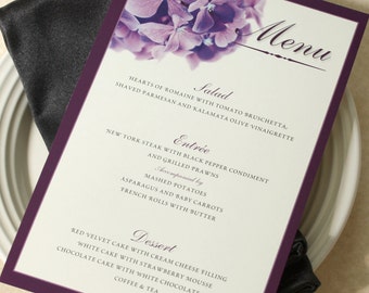 Purple Hydrangea Dinner Wedding Menu. PRINTABLE