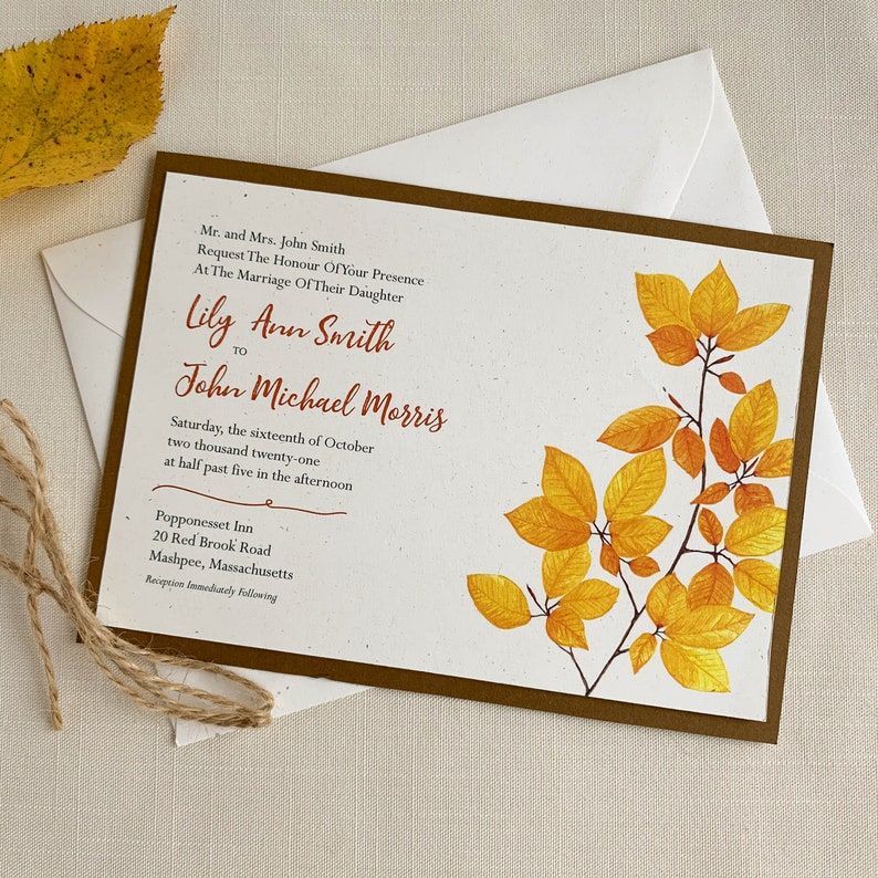 Autumn Hazel Branch Leaves Watercolor Eco Friendly Wedding Invitation. DEPOSIT ONLY. zdjęcie 1