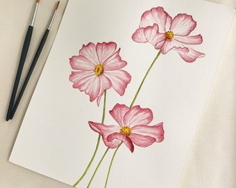 Pink Cosmos Original Watercolor Painting. 9 x 12. Unframed.