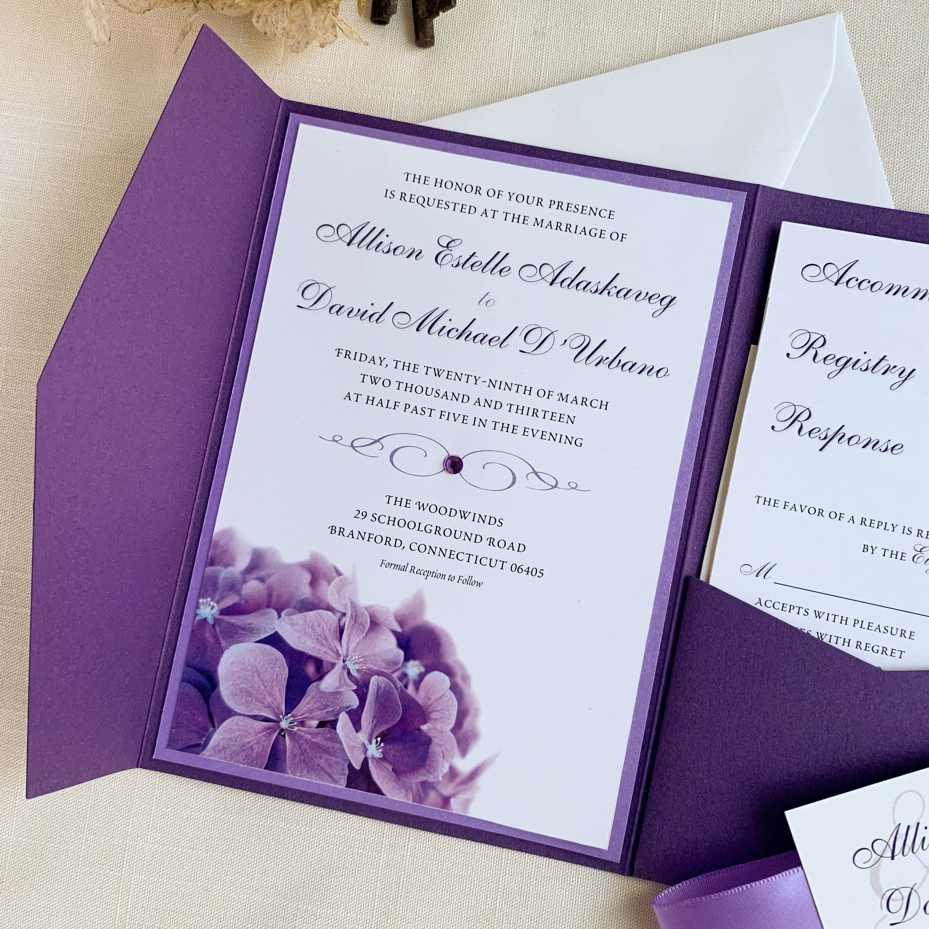 Purple Hydrangea Wedding Invitation. Violet Purple Pocket Fold