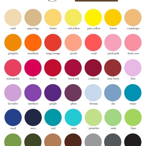 May include: A chart of 36 different ink colors, organized in rows and columns. Each color is represented by a circle with the color name written below it. The colors include shades of red, orange, yellow, green, blue, purple, brown, and black. The text at the top of the chart reads "Willow Glen Ink Color Choices".