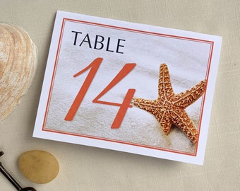 Starfish Wedding Table Numbers In Coral. DEPOSIT.