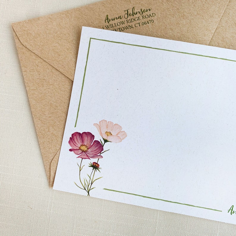 Personalized Pink Daisy Notecard. Eco Friendly Watercolor Stationery Set of 10 Flat Notecards In Larger A6 Card Size. image 2