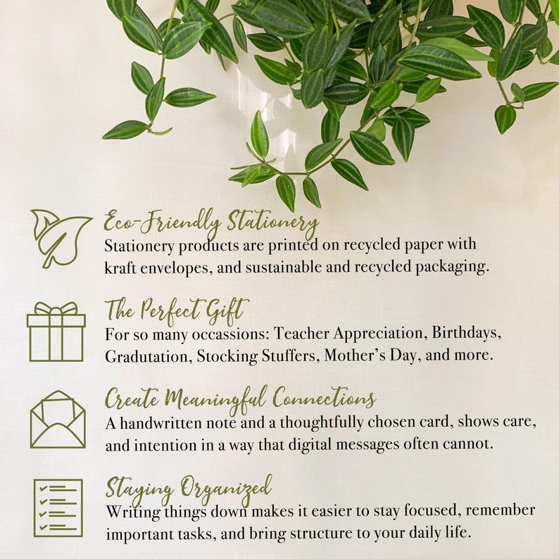 K&ouml;nnte beinhalten: Eine wei&szlig;e Infografik mit gr&uuml;nem Text und Symbolen. Sie listet Eco-Friendly Stationery, The Perfect Gift, Create Meaningful Connections und Staying Organized auf. Eine gr&uuml;ne Pflanze h&auml;ngt oben &uuml;ber dem Text.