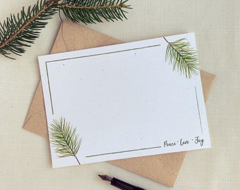 Evergreens Notecard with Peace, Love and Joy. Holiday Eco Friendly Watercolor Stationery Set of 10 Flat Note Cards In Larger A6 Card Size.