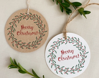 Merry Christmas Wreath Holiday Gift Tags. Set of 6 Eco Friendly Tags.