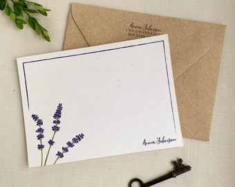 Personalized Lavender Flowers Notecards. Eco Friendly Watercolor Stationery Set of 10 Flat Notecards In Larger A6 Card Size.