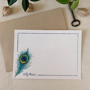 Personalized Peacock Feather Notecards. Eco Friendly Watercolor Stationery Set of 10 Flat Notecards In Larger A6 Card Size.