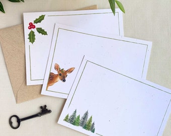 Winter Holiday Notecards Set. Christmas Eco Friendly Watercolor Stationery Set of 12 Flat Note Cards In Larger A6 Card Size.