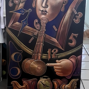 May include: An original painting with a surrealist theme. The artwork features a figure with winged headgear, a clock, and a hand pointing at the number 12. The color palette includes shades of brown, gold, and black.