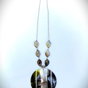 Bohemian Glass Bead Necklace with Black Lip Shell Pendant Botswana Agate Accents Tribal Coastal Jewelry