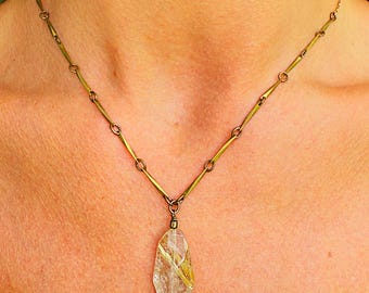 Rutilated Quartz Pendant Necklace: Vintage Gold Chain, Boho Witchy Jewelry