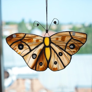 Buckeye Butterfly Window Hanging Suncatcher, Butterfly Ornament, Stained Glass Butterfly, Yellow Brown Sun Catcher, Insect Stained Glass