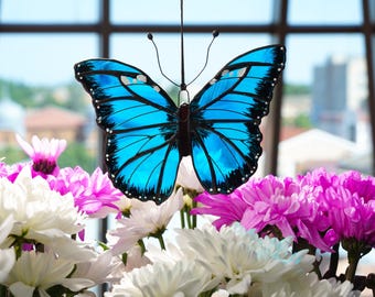 Blue Morpho Butterfly Stained Glass Window Suncatcher, Blue Butterfly, Bonus Mom Gift, Mother-in-law Gift, Sun Catcher Butterfly