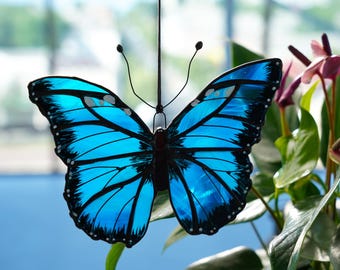 Morpho Menelaus Butterfly Suncatcher, Blue Stained Glass Wall Art, Window Hanging Decor, Stained Glass Green Butterfly,  Bonus Mom Gift