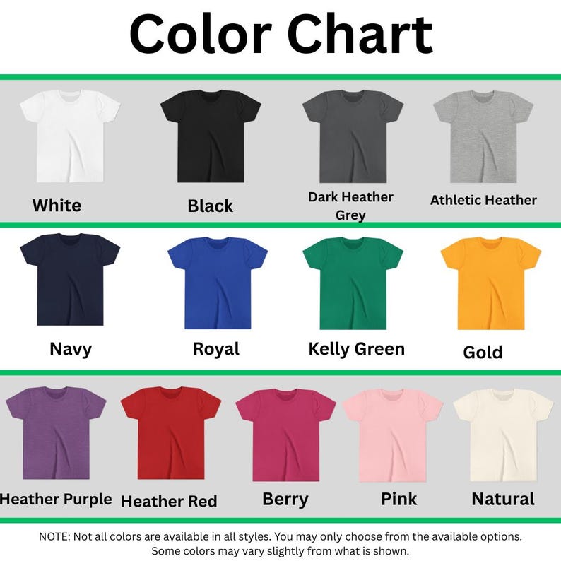 Op de afbeelding: Een kleurenkaart met t-shirts in de kleuren wit, zwart, marineblauw, koningsblauw en goud. Andere kleuren zijn donkergrijs, athletic heather, kelly green, heather paars, heather rood, bes, roze en naturel.