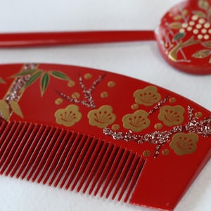 Japanese Traditional Hair Comb & Kanzashi Set – Red with Gold Botanical Design